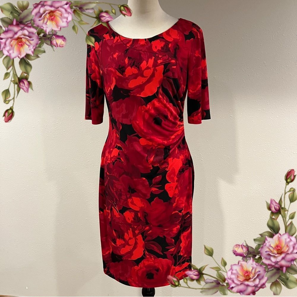Connected Apparel Elegant short sleeves Red‎ Floral rose print stretchy Dress